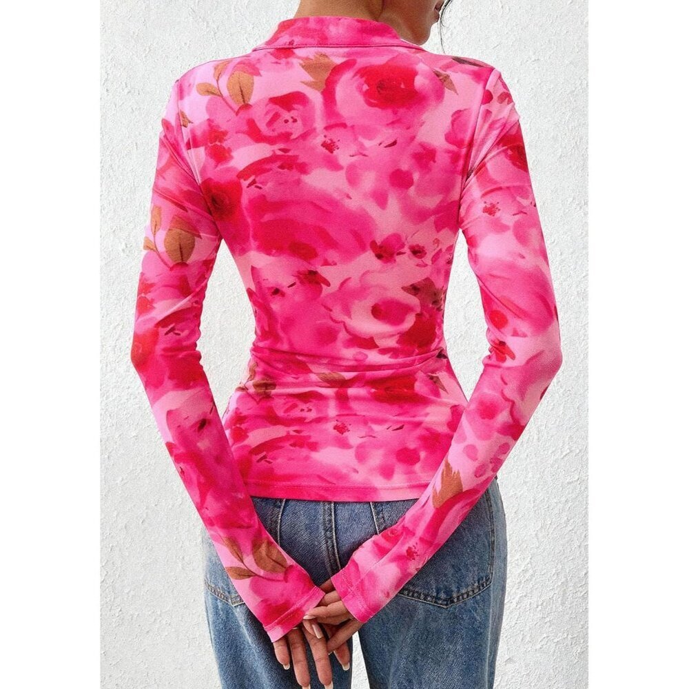 Women Floral Pink Button Down Floral Shirt Trendy Long Sleeve V Neck Blouse Tops - Picture 5 of 6